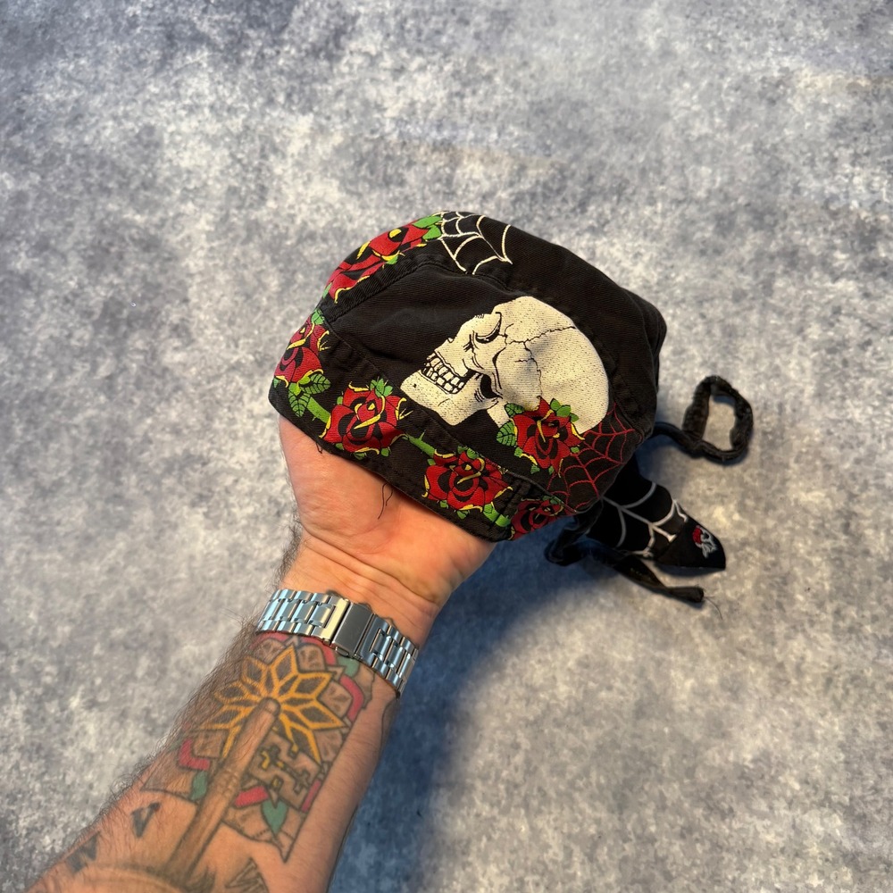 ZANheadgear Flydanna Mens Black Skull Rose Spider Web Tattoo Biker Headwrap OSFM